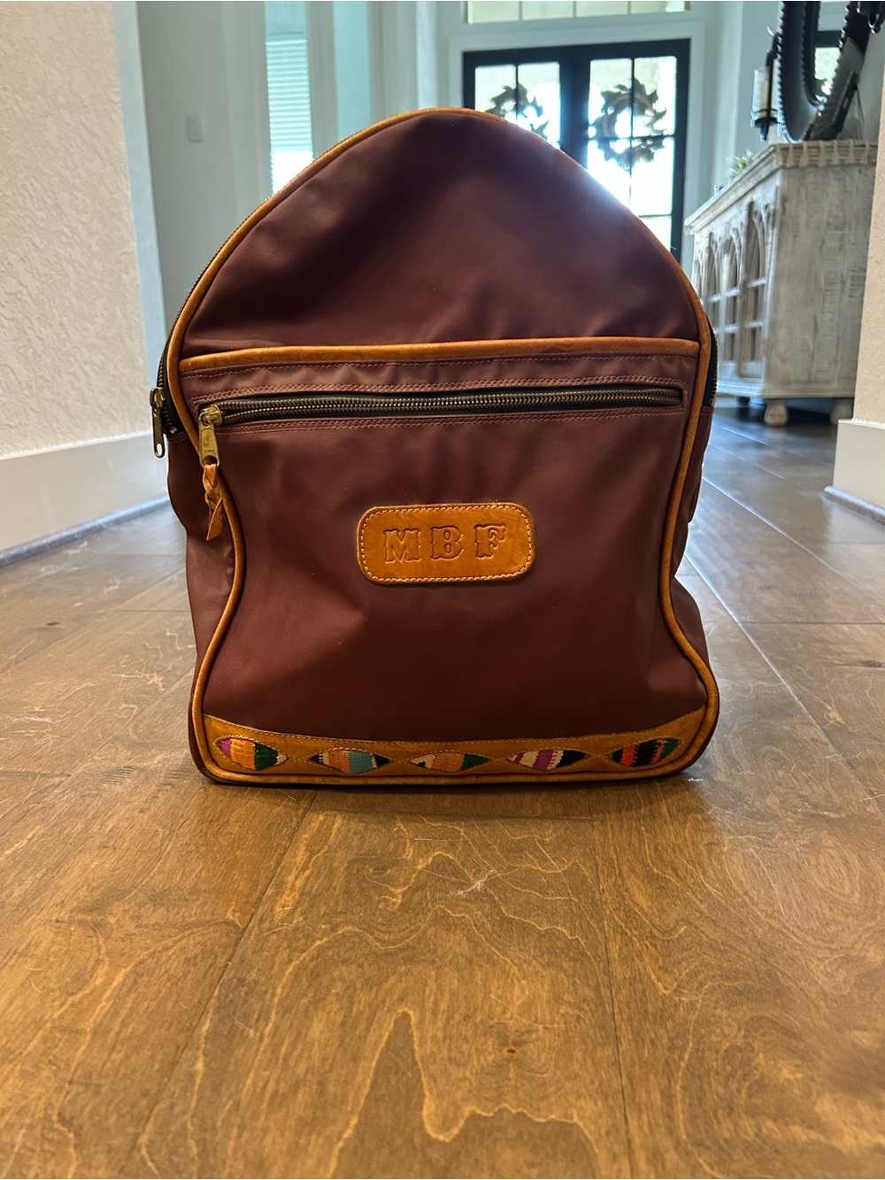 Brown Leather-Trim Burgandy Backpack